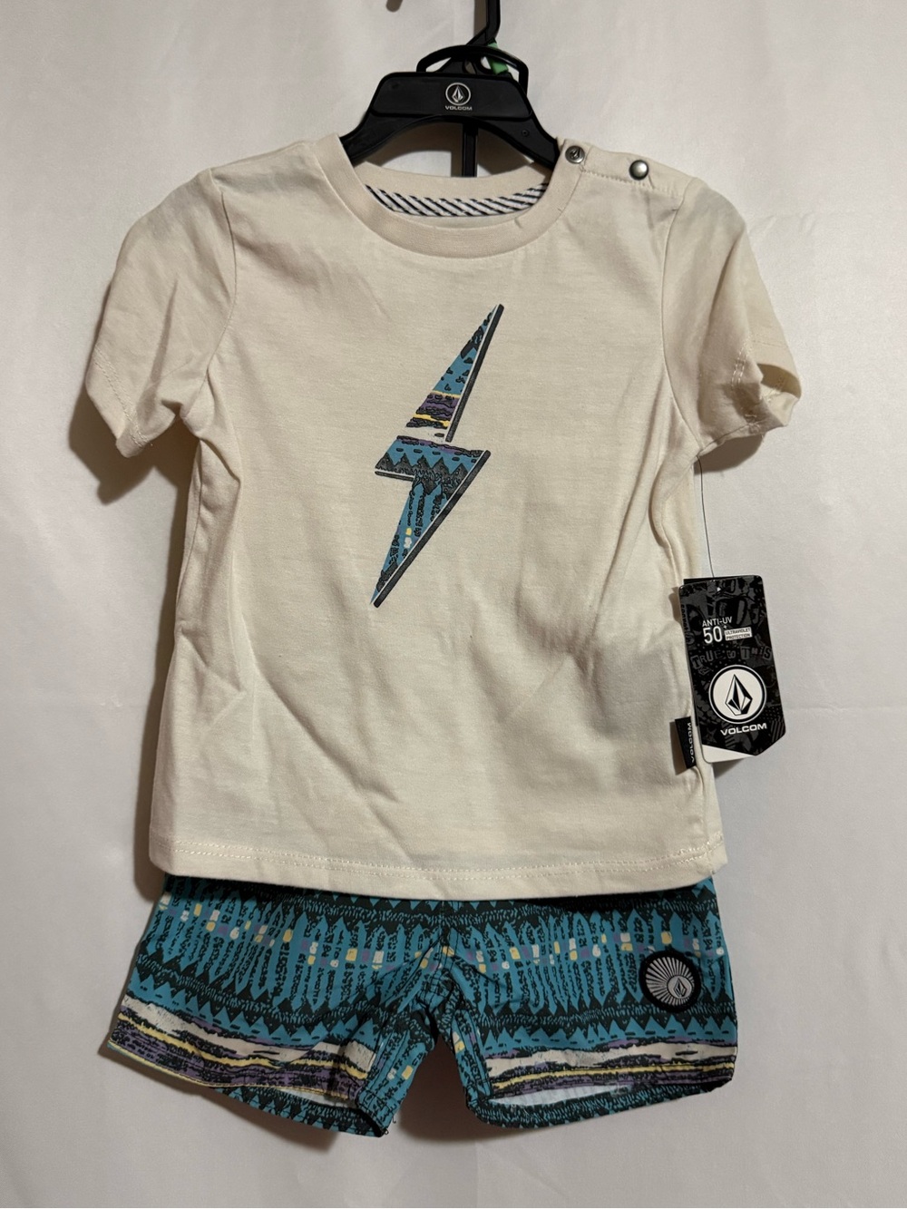 Volcom Boys 18M 2-Piece Swim Set Tee & Geometric Swim Shorts Cream Blue